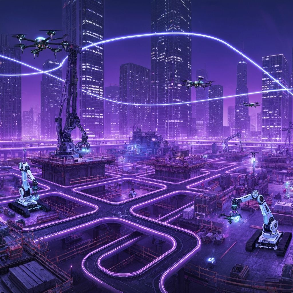 AI-powered construction technology featuring autonomous drones, robotics, and MEP engineering automation for smart building delivery